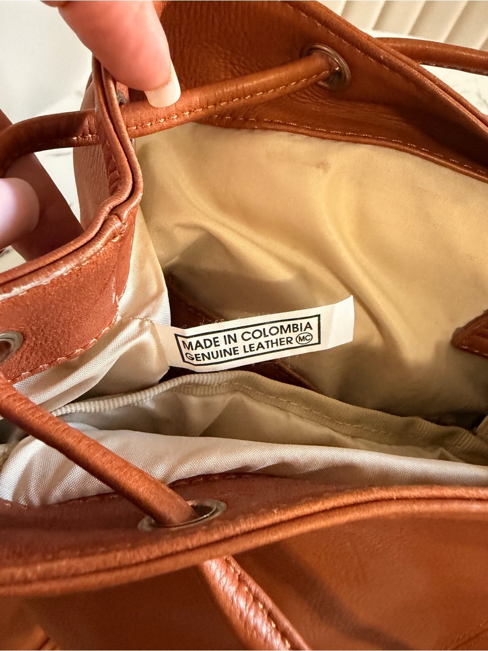 Minimal Tan Leather Drawstring Backpack - Picture 4 of 7